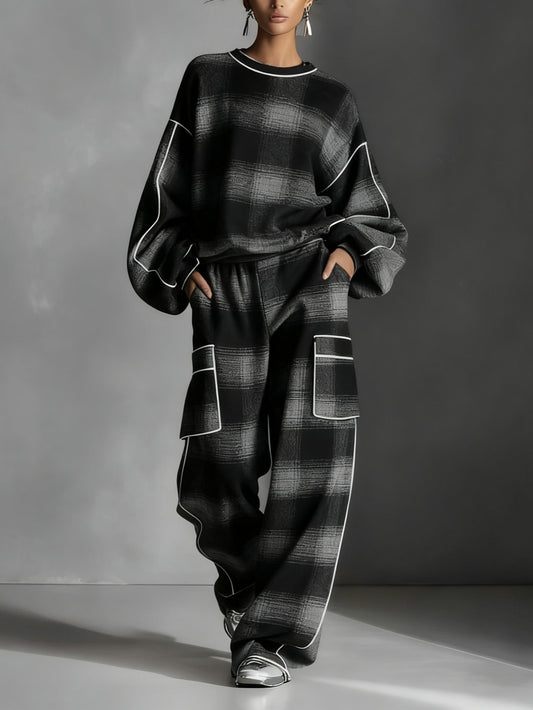 Elegant Black Gray Plaid Two Piece Set for Women with Crewneck Contrast Piping Wide Leg Cargo Relaxed Style