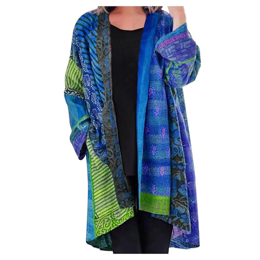 Effortless Patchwork Print Kimono Cardigan for Women with Open Front Long Sleeve Oversized Bohemian Style