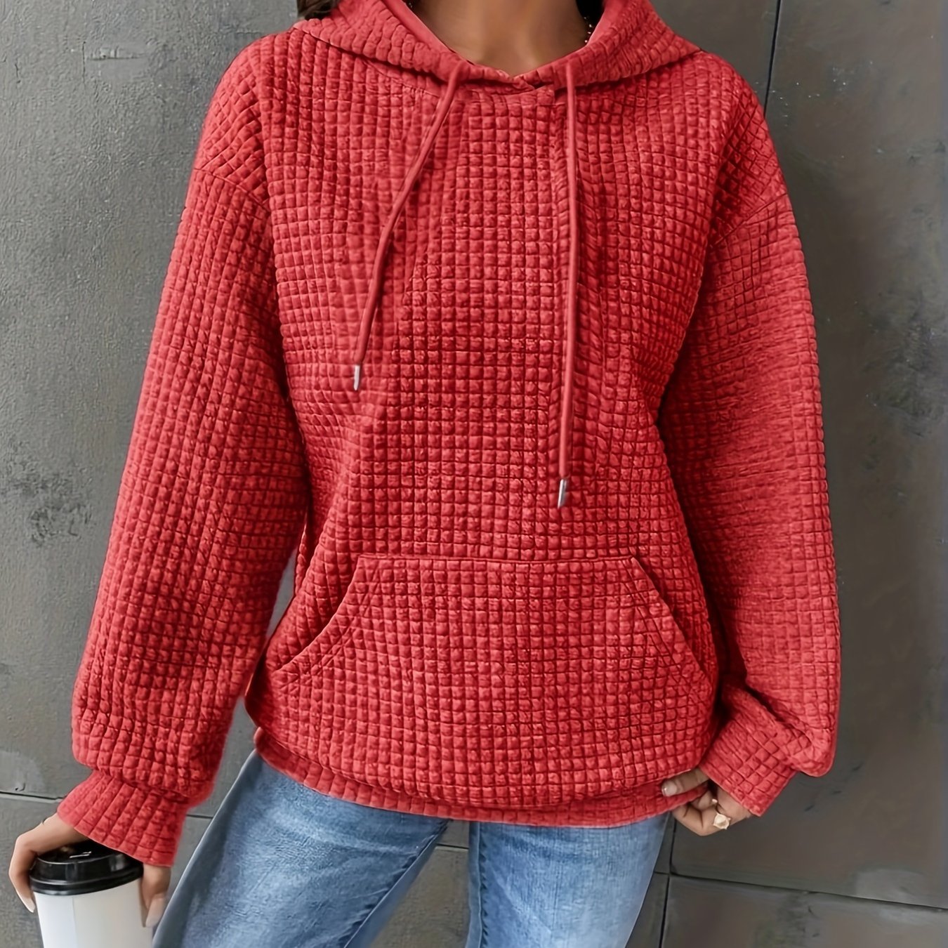 Women's Casual Waffle- Color-Block Hooded Sweatshirt - Relaxed Fit Long Sleeve Pullover with Drawstring Hood, Machine Washable Autumn Winter Fashion Top, Cute Sweatshirts, Autumn Apparel, Soft Fabric, Everyday Outfit, Waffle Design, Breathable Material, C
