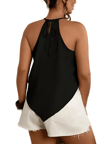 Women's Fashion Blouse, Asymmetrical Hem Tie-Neck Sleeveless, Suitable for Spring and Summer Wear