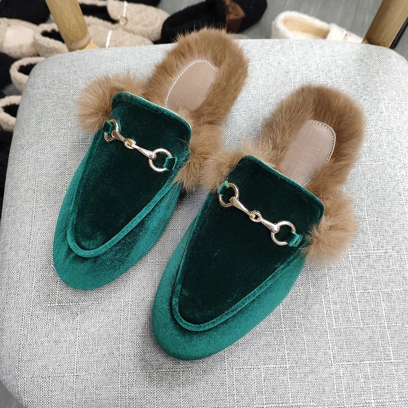 Comfortable Mules for Women with Faux Fur Lining Buckle Detail Slip On Style