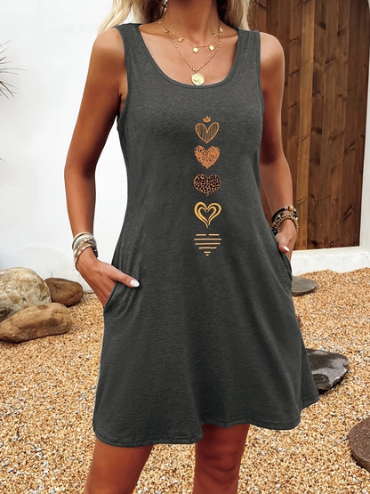 [Women's Heart Print Dress] Women's Elegant Summer Dress - Easy Heart Pattern Print - Stretchy Fabric - Soft, Comfortable, Lightweight - Machine Washable - Perfect for Spring, Summer, Autumn, Year-Round Wear