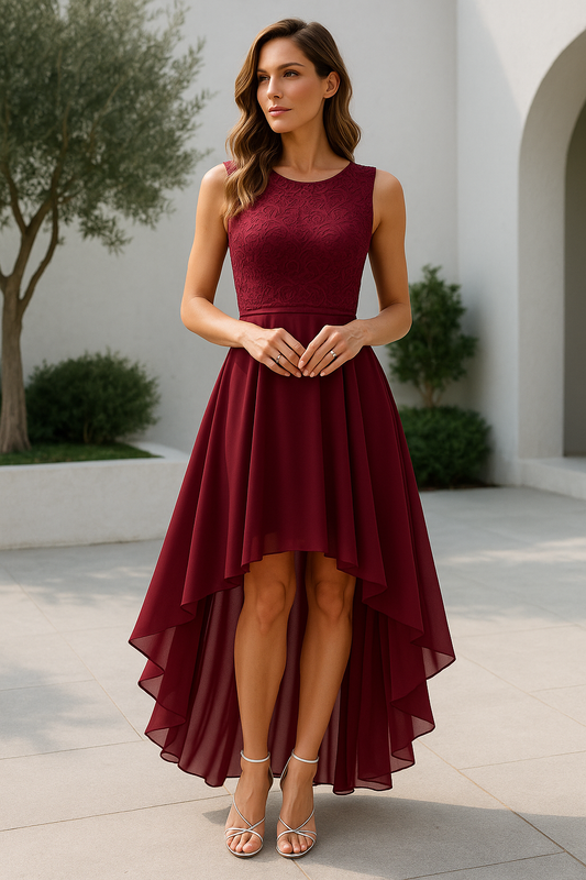 Elegant Lace High Low Dress for Women with Round Neck Sleeveless Flowing Formal Wedding Guest Style