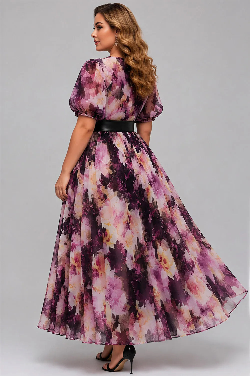 Flycurvy Plus Size Wedding Guest Purple Chiffon Floral Print Wrap Puff Sleeve Maxi Dress With Belt