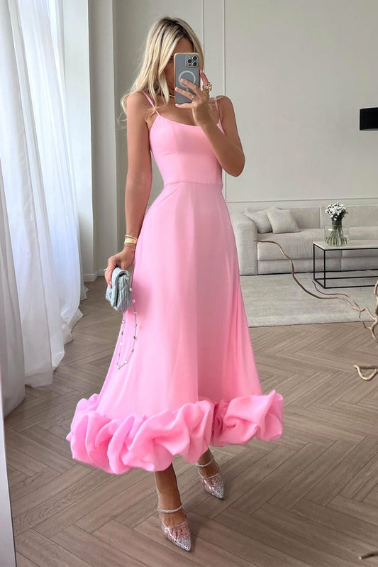 Elegant Ruffle Hem Midi Dress for Women with Square Neck Spaghetti Strap A Line Flowing Style