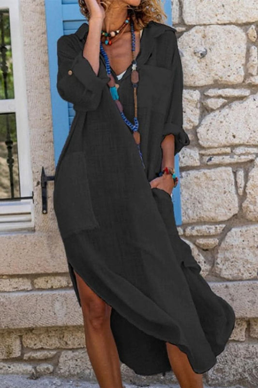 Effortless Linen Maxi Dress for Women with Collar Long Sleeve Button Front Relaxed Boho Style