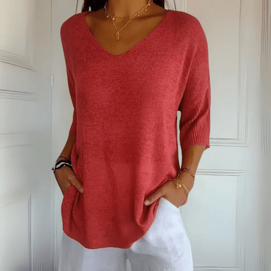 Effortless Knit Tunic for Women with V Neck Elbow Sleeve Relaxed Oversized Style