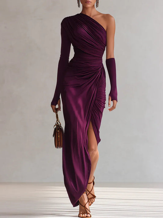 Elegant Purple Satin Maxi Dress for Women with One Shoulder Long Sleeve Ruched High Slit Formal Wedding Guest Style
