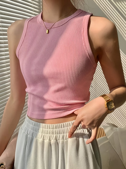 Women's Elegant Casual Ribbed Tank Top - Sleeveless Boat Neck Summer Top with Moderate Stretch, Solid Color Versatile Wear for Casual or Formal Outfits, Ladies Tank Tops, Warm Weather Outfit, Ribbed Texture, Stretchy Fabric, Stylish Ladies