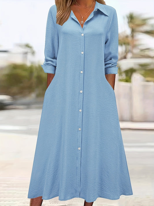 Elegant Textured Maxi Shirt Dress for Women with Collar Long Sleeve Button Front A Line Style