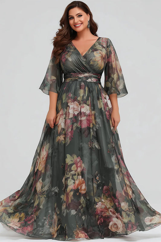 Elegant Dusty Green Floral Maxi Dress for Women with V Neck Flutter Sleeve Wrap Formal Wedding Guest Style