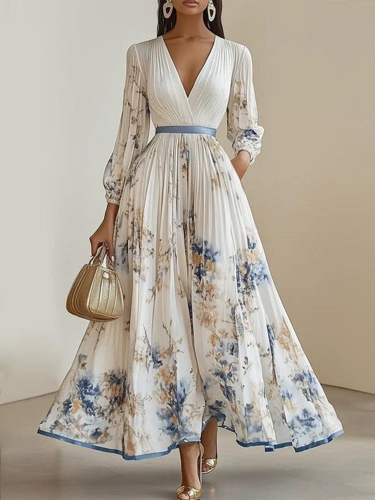 Elegant White Floral Maxi Dress for Women with V Neck Long Sleeve Belted Flowing Wedding Guest Style