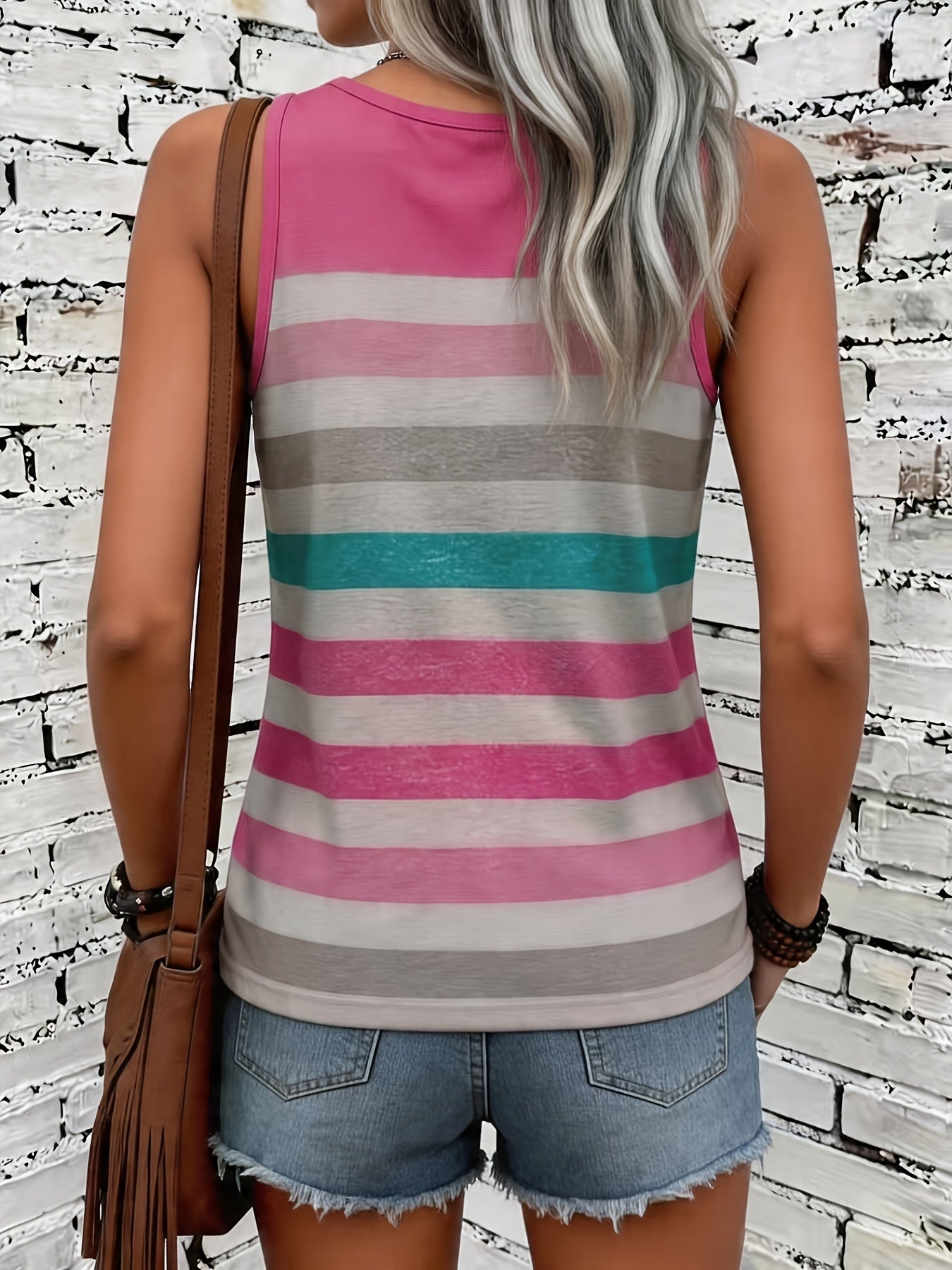 [Women's Striped Tank Top] Women's Summer Fashion Casual Colorful Striped Print Round Neck Sleeveless Vacation Tank Top