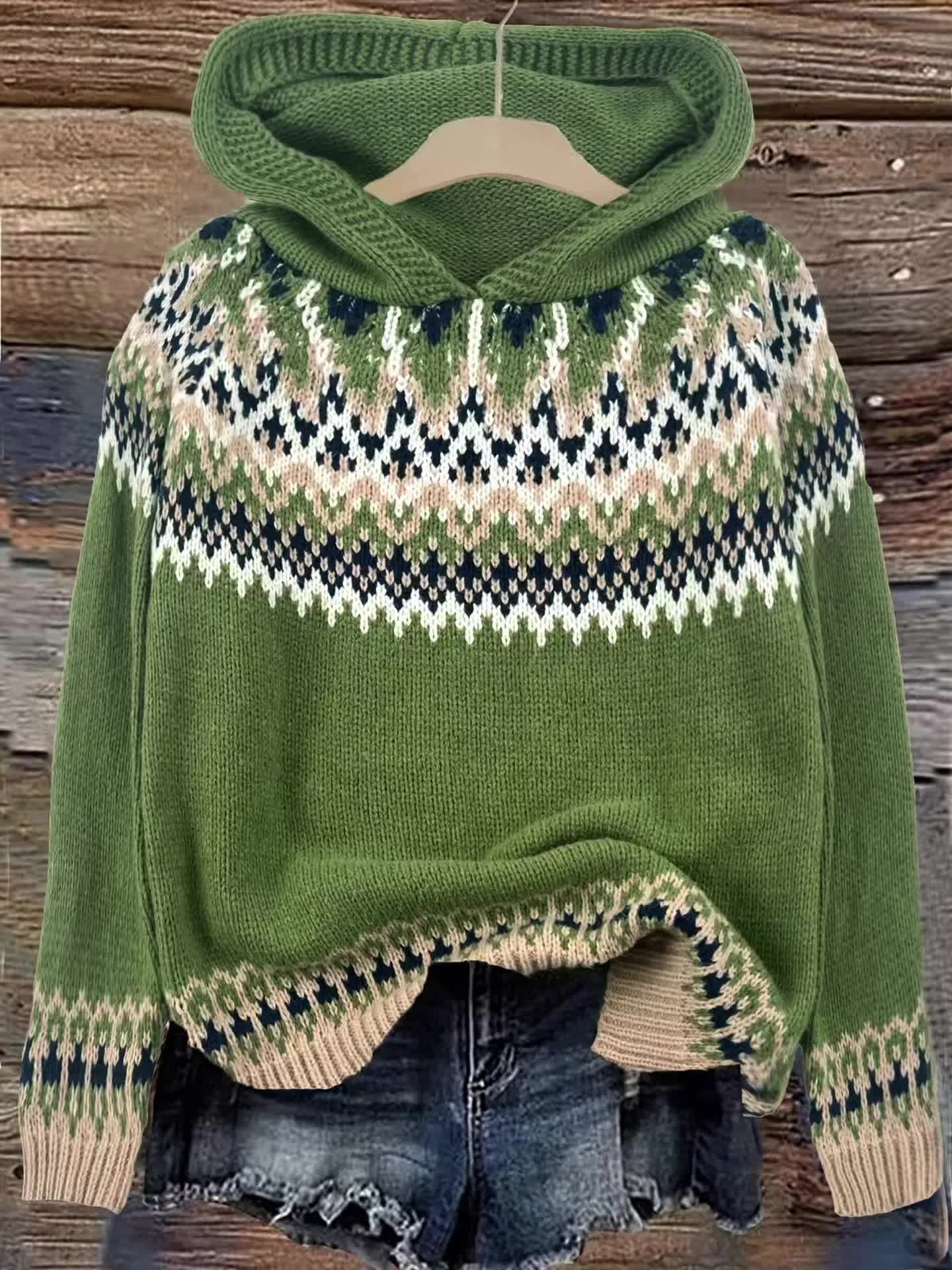 Women's Winter Hooded Jacquard Sweatshirt Style Glacier Snow Mountain Chunky Elegant Fashionable Comfortable Casual Vintage Commuter Soft Slim-Fit Top