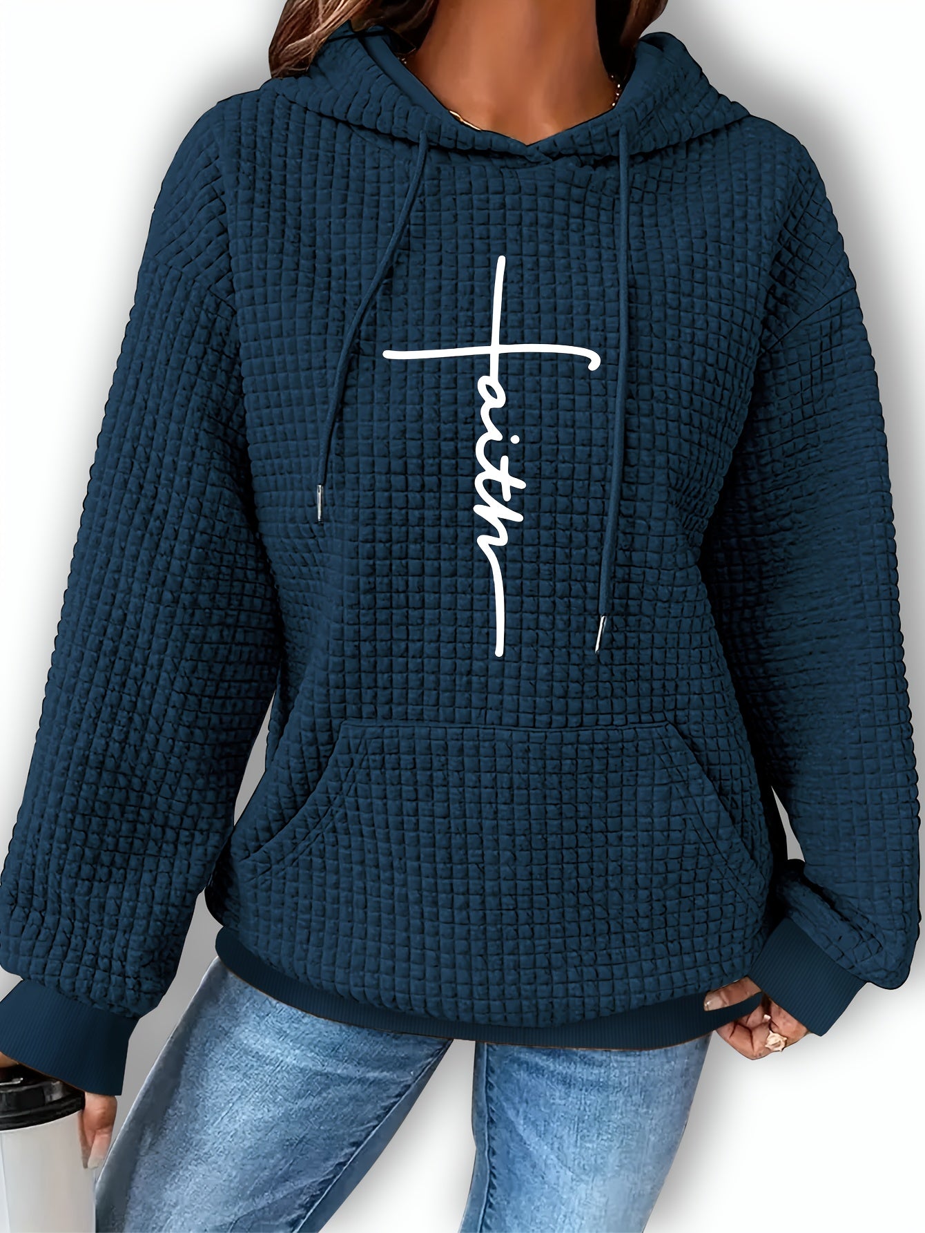 Graphic Print Solid Waffle Kangaroo Pocket Hoodie, Casual Long Sleeve Drawstring Hoodies Sweatshirt, Women'S Clothing