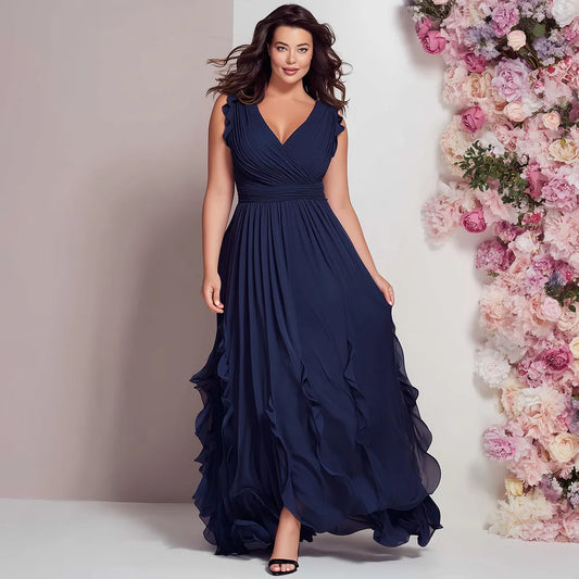 Elegant Navy Blue Chiffon Maxi Dress for Women with V Neck Ruffle Strap Ruched Waist Formal Wedding Guest Style