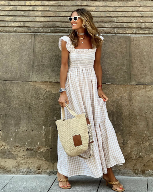 Effortless Gingham Maxi Dress for Women with Square Neck Cap Sleeve Smocked Tiered Flowing Style