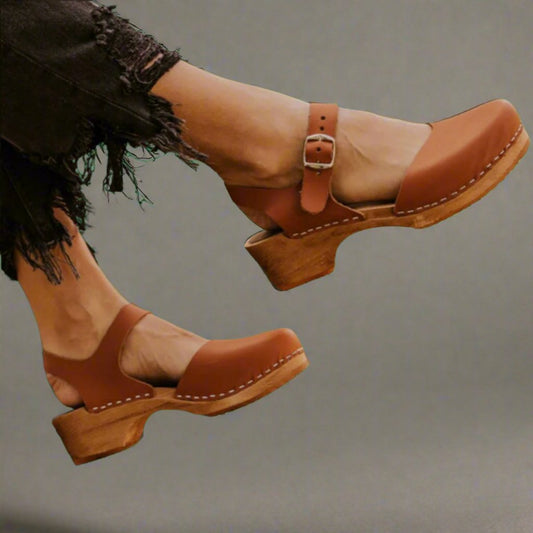 Effortless Leather Clog Sandal for Women with Buckle Strap Wood Heel Mary Jane Style