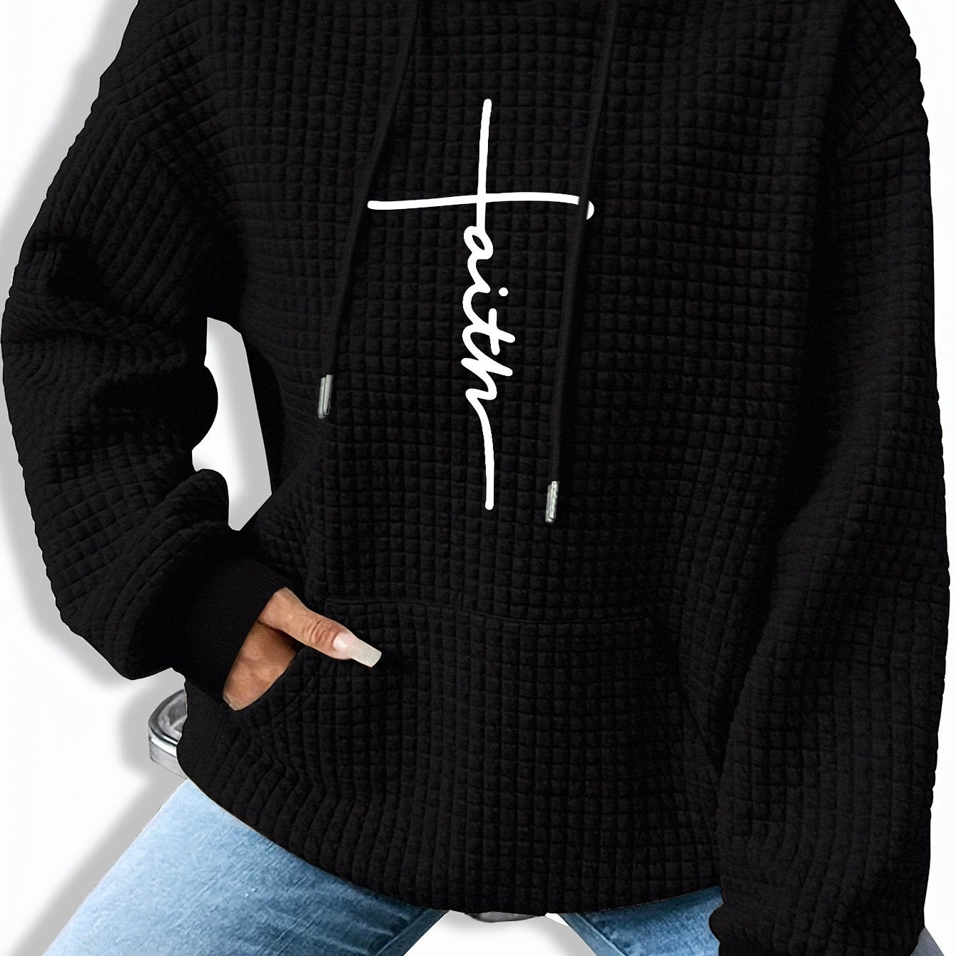 Graphic Print Solid Waffle Kangaroo Pocket Hoodie, Casual Long Sleeve Drawstring Hoodies Sweatshirt, Women'S Clothing