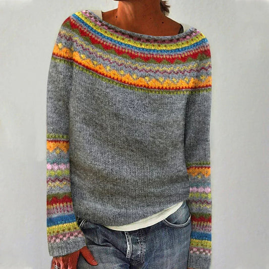 Comfortable Patterned Knit Sweater for Women with Round Neck Long Sleeve Relaxed Oversized Style