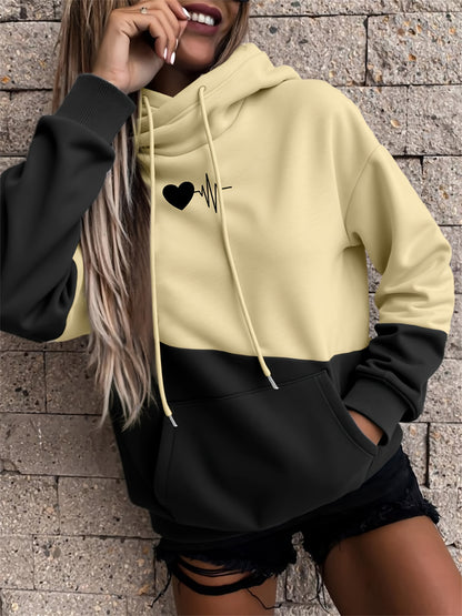 Women's Color-Block Hooded Sweatshirt with Heart & Letter Print - 100% Polyester Casual Pullover, Relaxed Fit, Machine Washable, Fall Winter Fashion
