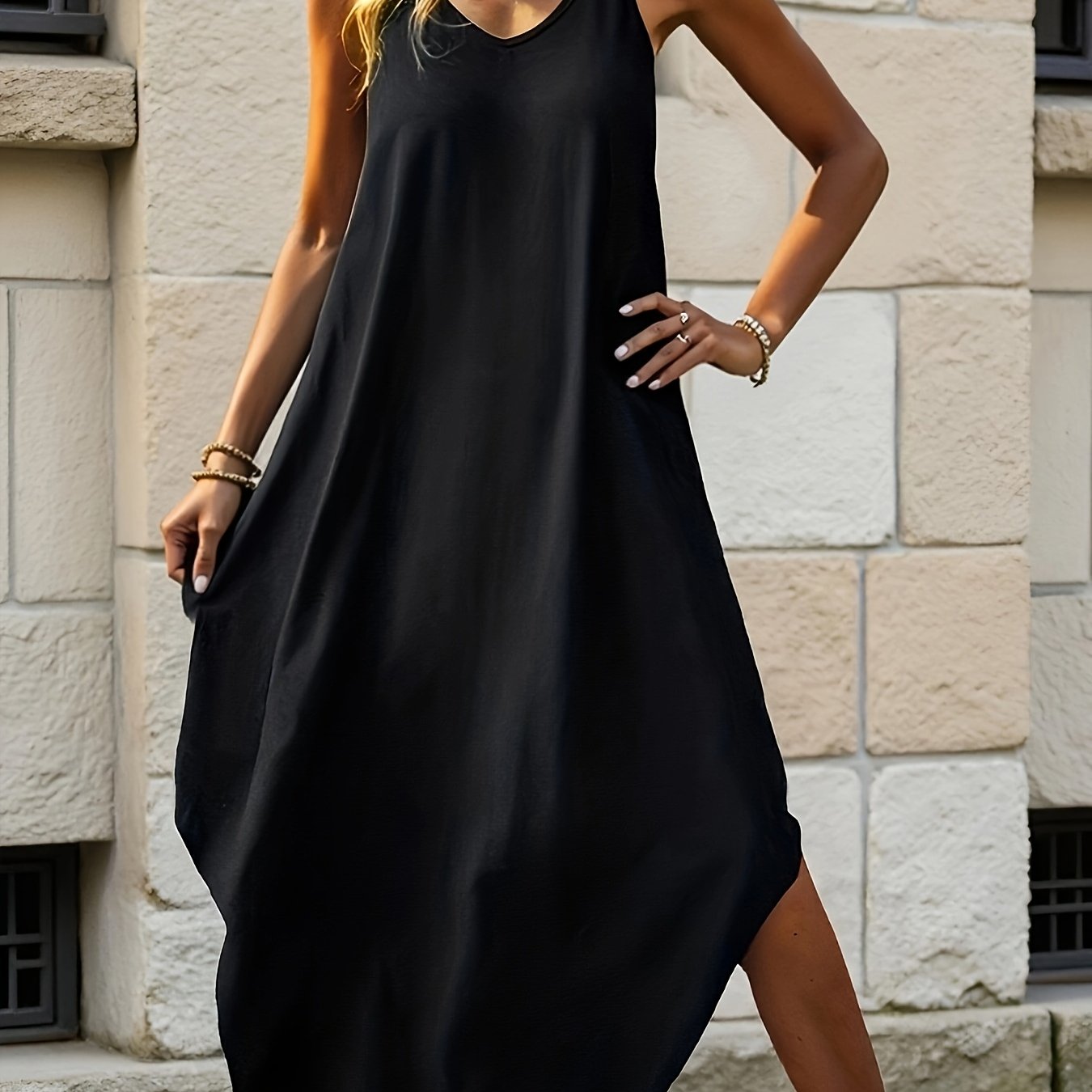 [Women's A-line Dress] Women's Dress - Fashionable Elegant Casual Simple Solid Color Curved Hem Dress - Double Spaghetti Strap Design - Long A-line Dress for Spring, Summer - Suitable for Vacation, Dates, Commuting, Leisure, Daily Wear