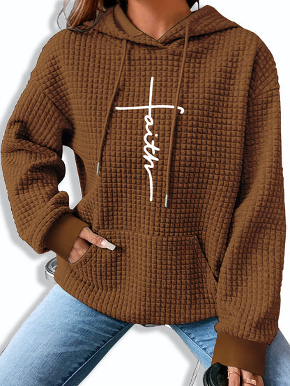 Graphic Print Solid Waffle Kangaroo Pocket Hoodie, Casual Long Sleeve Drawstring Hoodies Sweatshirt, Women'S Clothing
