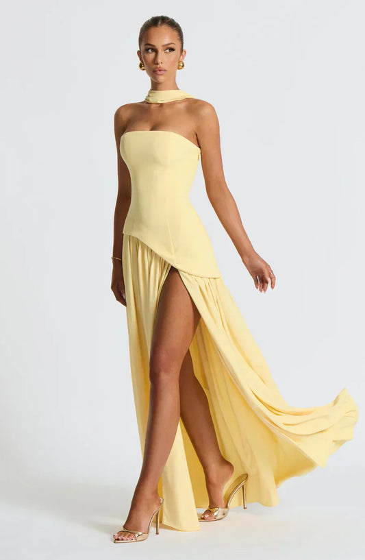 Elegant Maxi Dress for Women with Strapless Scarf Neck High Slit Column Flowing Style