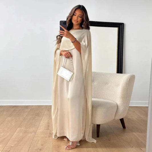 Elegant Chiffon Kaftan Maxi Dress for Women with Boat Neck Cape Sleeve Flowing Style