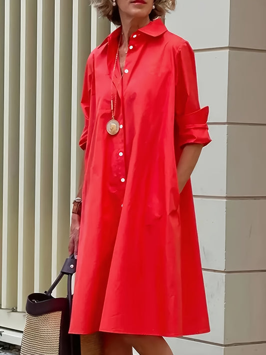 Elegant Red Shirt Dress for Women with Collar Long Sleeve Button Front Swing Style