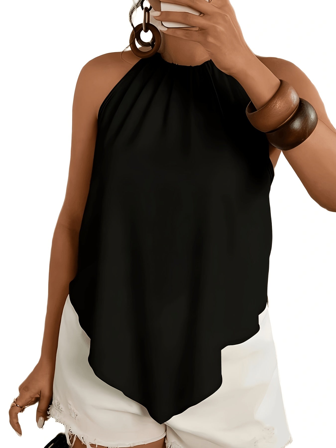 Women's Fashion Blouse, Asymmetrical Hem Tie-Neck Sleeveless, Suitable for Spring and Summer Wear
