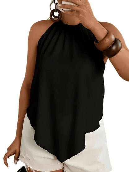 Women's Fashion Blouse, Asymmetrical Hem Tie-Neck Sleeveless, Suitable for Spring and Summer Wear