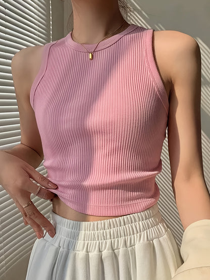 Women's Elegant Casual Ribbed Tank Top - Sleeveless Boat Neck Summer Top with Moderate Stretch, Solid Color Versatile Wear for Casual or Formal Outfits, Ladies Tank Tops, Warm Weather Outfit, Ribbed Texture, Stretchy Fabric, Stylish Ladies