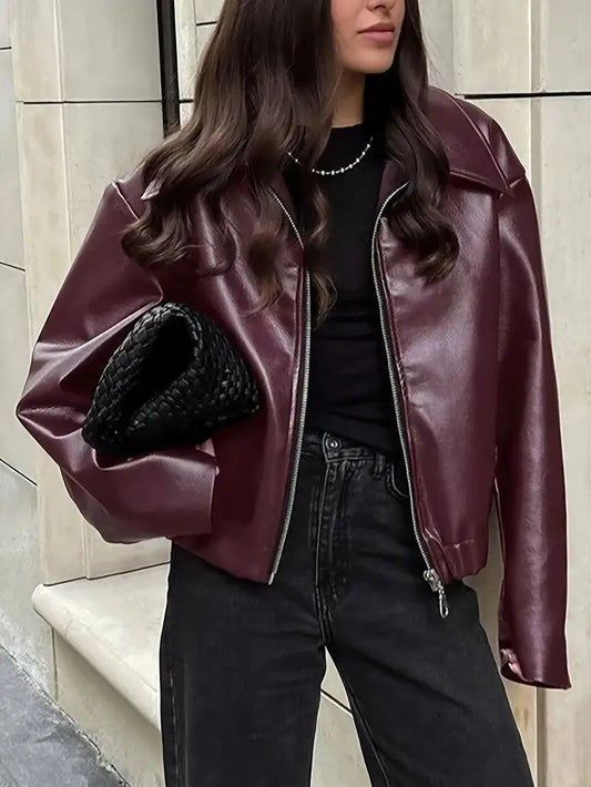 Elegant Cropped Leather Jacket for Women with Collar Long Sleeve Oversized Casual Style
