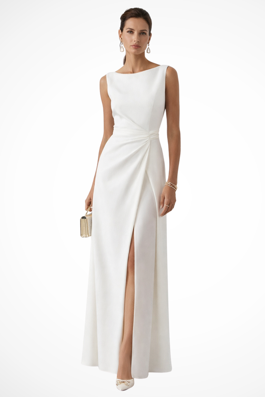 Elegant White Maxi Dress for Women with Boat Neck Sleeveless Draped Waist Front Slit Column Style