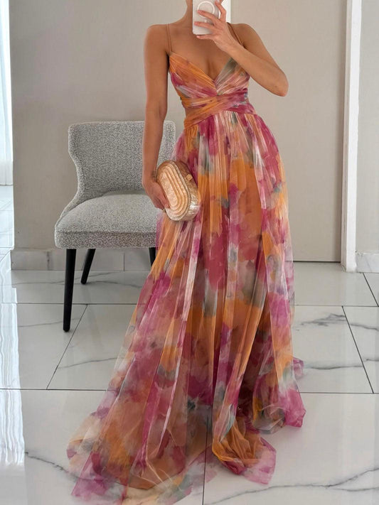 Elegant Floral Maxi Dress for Women with V Neck Spaghetti Strap Crisscross Waist Flowing Style