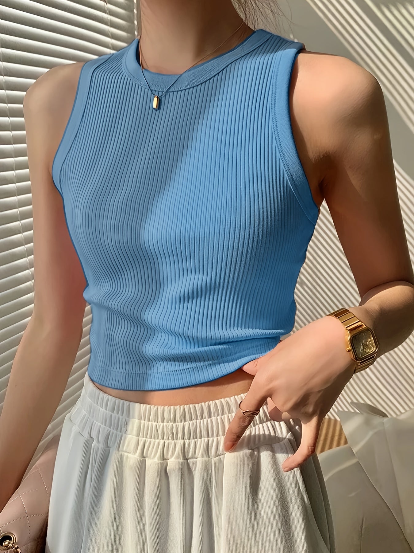 Women's Elegant Casual Ribbed Tank Top - Sleeveless Boat Neck Summer Top with Moderate Stretch, Solid Color Versatile Wear for Casual or Formal Outfits, Ladies Tank Tops, Warm Weather Outfit, Ribbed Texture, Stretchy Fabric, Stylish Ladies