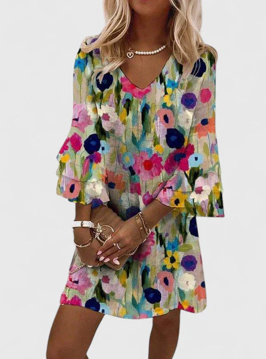 Effortless Multicolor Floral Mini Dress for Women with V Neck Bell Sleeve Tiered Ruffle Flowing Bohemian Style