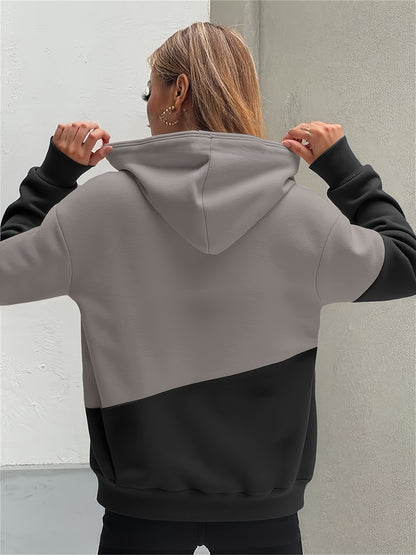 Women's Color-Block Hooded Sweatshirt with Heart & Letter Print - 100% Polyester Casual Pullover, Relaxed Fit, Machine Washable, Fall Winter Fashion