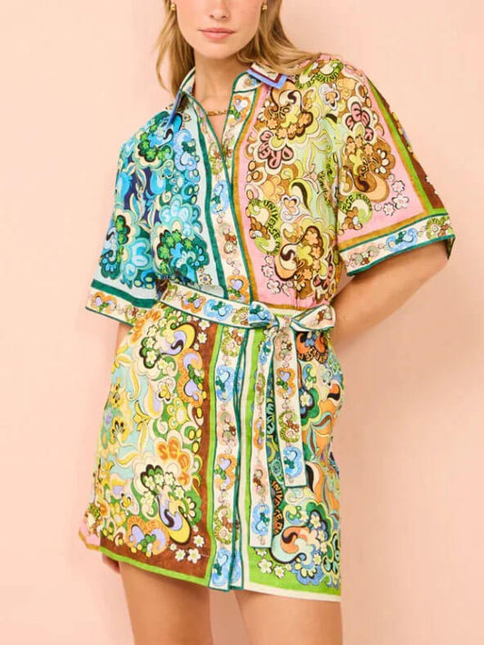 Effortless Multicolor Paisley Shirt Dress for Women with Collar Short Sleeve Belted Mini Retro Style