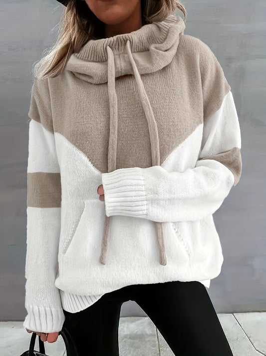 Comfortable Colorblock Cowl Neck Sweater for Women with Drawstring Long Sleeve Oversized Kangaroo Pocket Knit Style