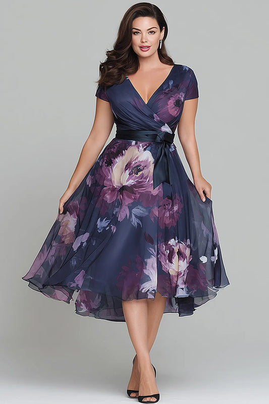 Elegant Navy Blue Floral Midi Dress for Women with V Neck Cap Sleeve Wrap High Low Formal Wedding Guest Style
