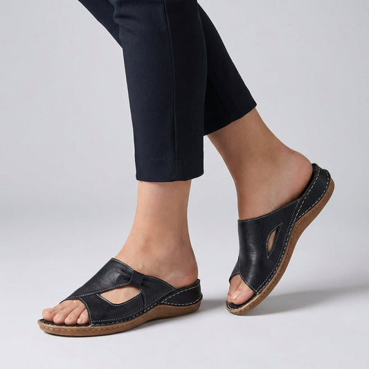 Comfortable Leather Wedge Sandal for Women with Cutout Slide Stitched Comfort Sole Casual Style