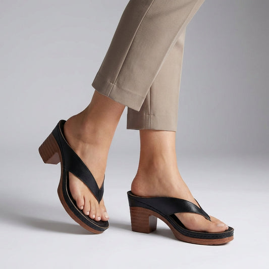 Elegant Black Leather Thong Sandal for Women with Crisscross Strap Block Heel Platform Style