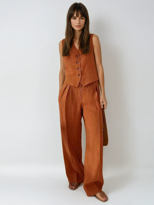 Effortless Linen Wide Leg Set for Women with V Neck Sleeveless Button Front Tailored Two Piece Style
