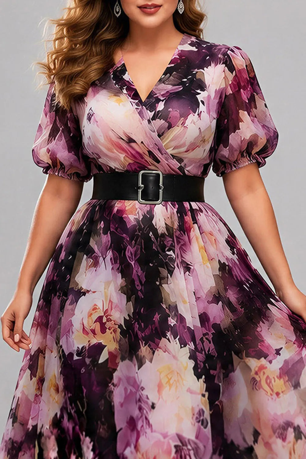 Flycurvy Plus Size Wedding Guest Purple Chiffon Floral Print Wrap Puff Sleeve Maxi Dress With Belt