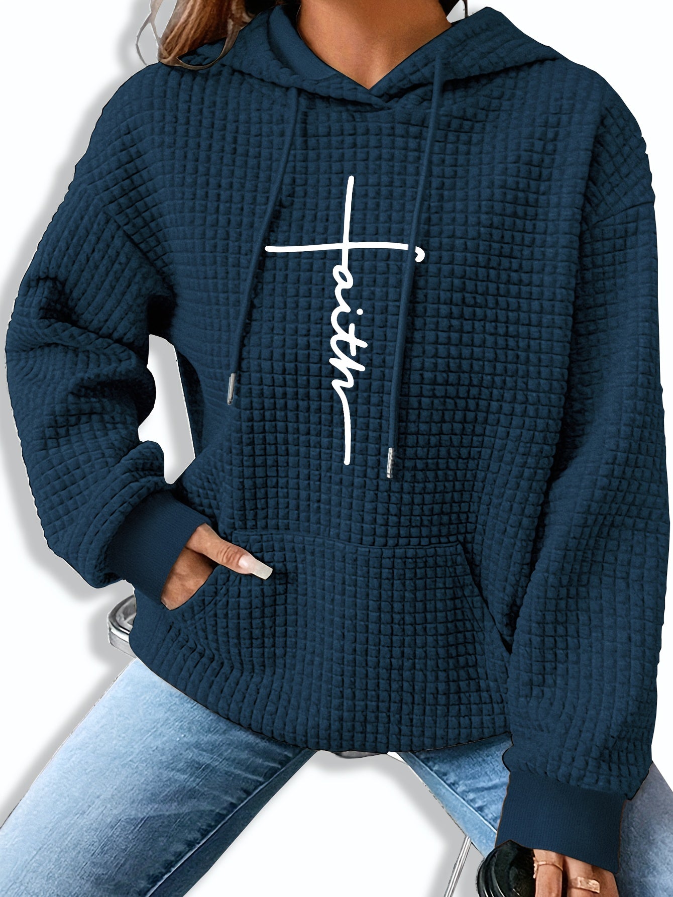 Graphic Print Solid Waffle Kangaroo Pocket Hoodie, Casual Long Sleeve Drawstring Hoodies Sweatshirt, Women'S Clothing