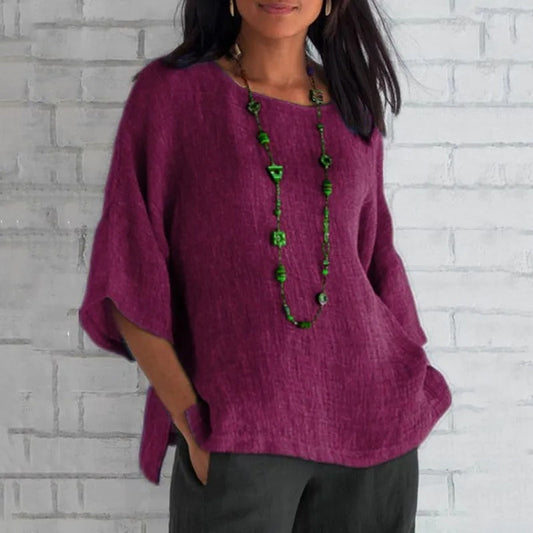 Effortless Linen Blouse for Women with Round Neck Batwing Sleeve Relaxed Oversized Casual Style