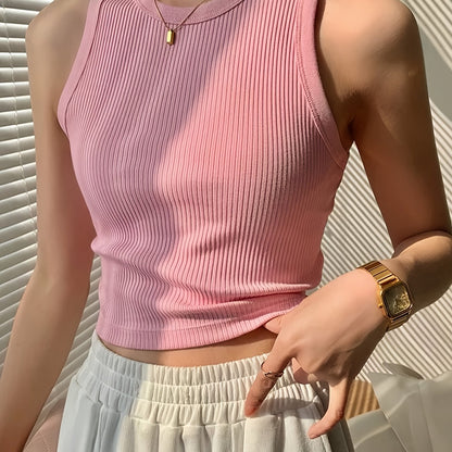 Women's Elegant Casual Ribbed Tank Top - Sleeveless Boat Neck Summer Top with Moderate Stretch, Solid Color Versatile Wear for Casual or Formal Outfits, Ladies Tank Tops, Warm Weather Outfit, Ribbed Texture, Stretchy Fabric, Stylish Ladies