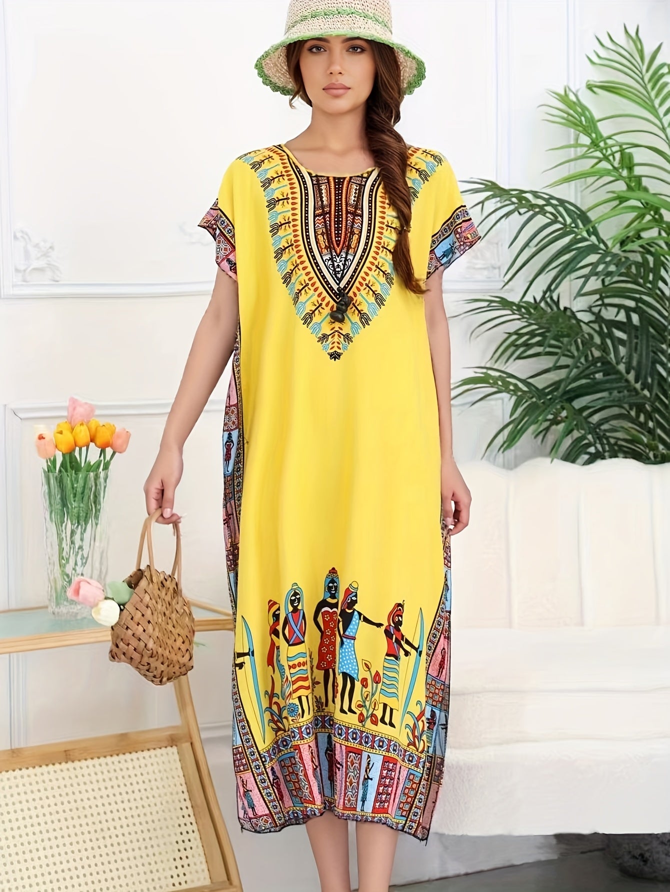 Ethnic Style Dress Summer New Bohemian Style Vacation Batwing Sleeve Dress Loose Beach Dress